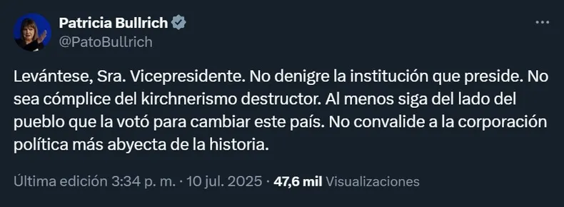 Bullrich pidió suspender la sesión y lanzó duras críticas a Villarruel: “No sea cómplice del kirchnerismo” 