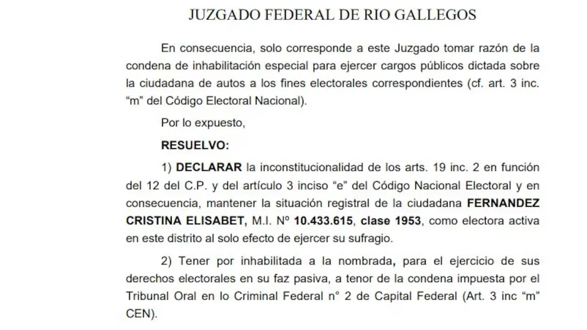La Justicia habilitó a Cristina Kirchner a votar en Santa Cruz pese a su condena