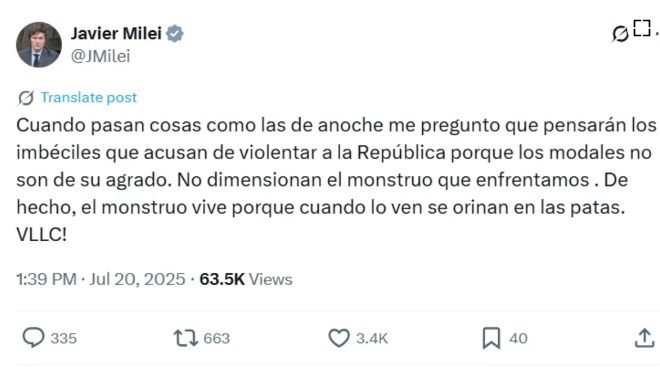 Milei lanza mensaje tras el cierre de listas en provincia: "Kirchnerismo o libertad" 