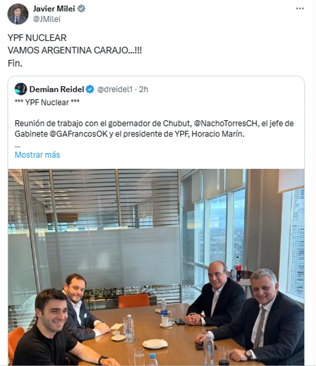 Milei respalda el avance de YPF en la minería de uranio en Chubut con apoyo de Nacho Torres 