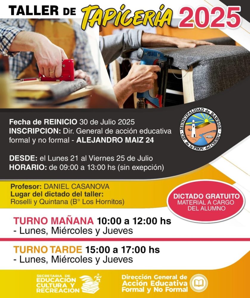 Rawson reabre inscripciones al Taller Gratuito de Tapicería con nuevos horarios para mayor participación vecinal