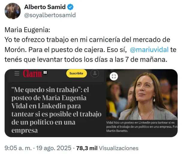 Alberto Samid le propuso a María Eugenia Vidal trabajar como cajera en su carnicería de Morón tras su anuncio en redes