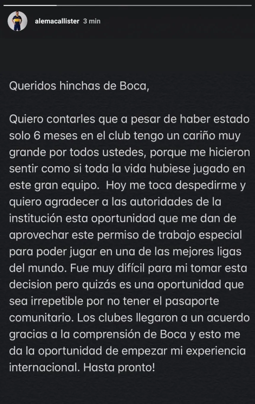 Mac Allister revela dolor por su salida de Boca