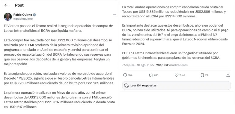 Gobierno recompra Letras Intransferibles con fondos FMI
