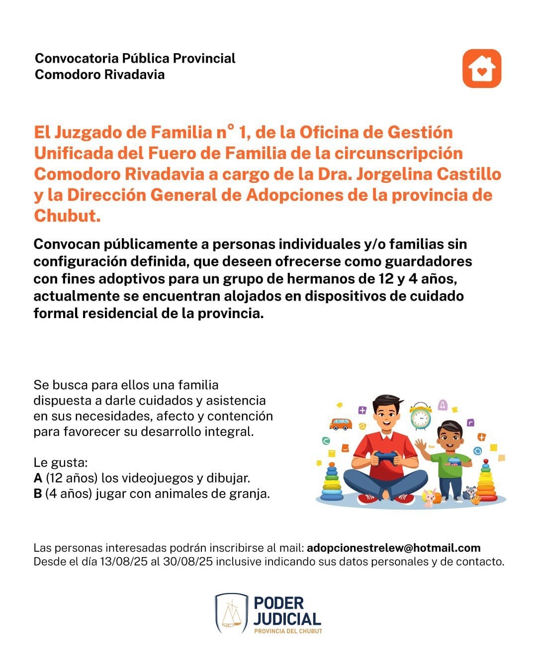 Chubut convoca a adoptar a hermanos de 4 y 12 años