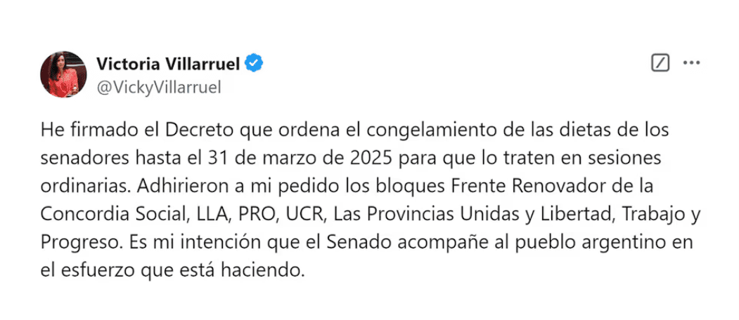 El mensaje con el que Victoria Villarruel confirmó la prórroga del congelamiento de los haberes de senadores hasta el 31 de marzo próximo (X)