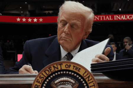 El presidente de Estados Unidos, Donald Trump, firma órdenes ejecutivas durante el desfile inaugural en el interior del Capital One Arena (REUTERS/Carlos Barria)