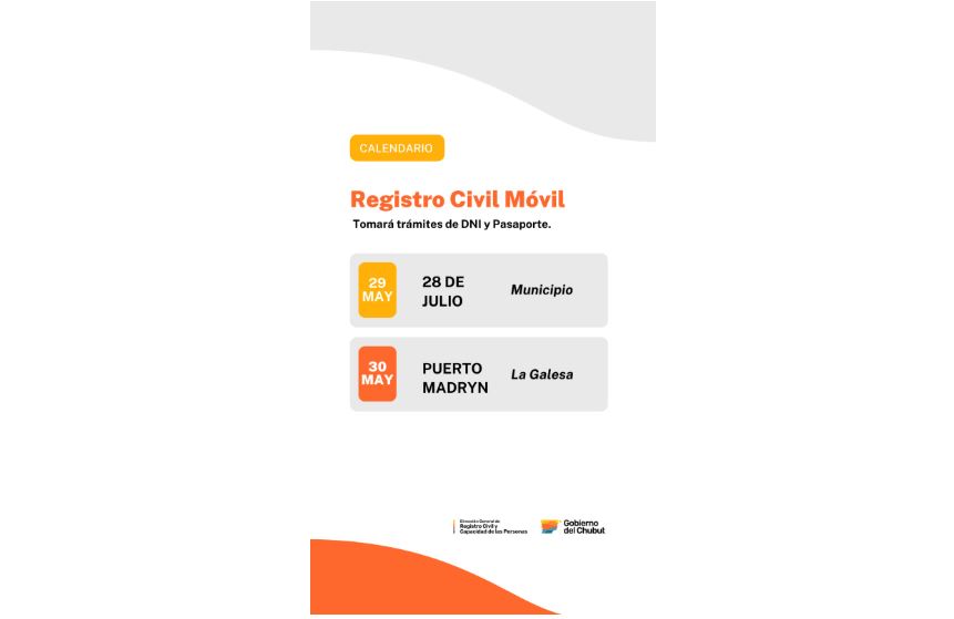 Registro Civil Móvil estará esta semana en 28 de Julio y Puerto Madryn