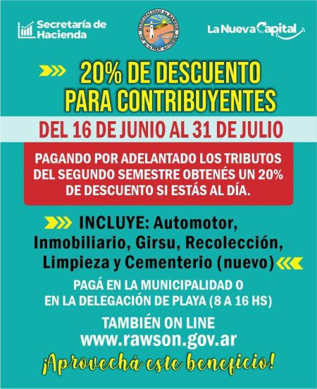 Se acaban los días para acceder al descuento del 20% que aplica al pago anticipado de tributos municipales en Rawson