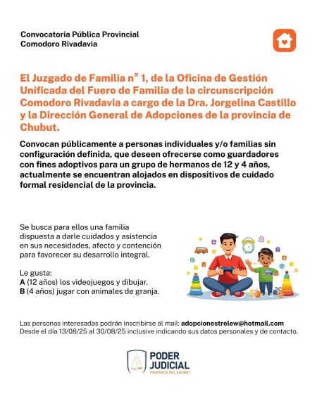Chubut convoca a adoptar a hermanos de 4 y 12 años