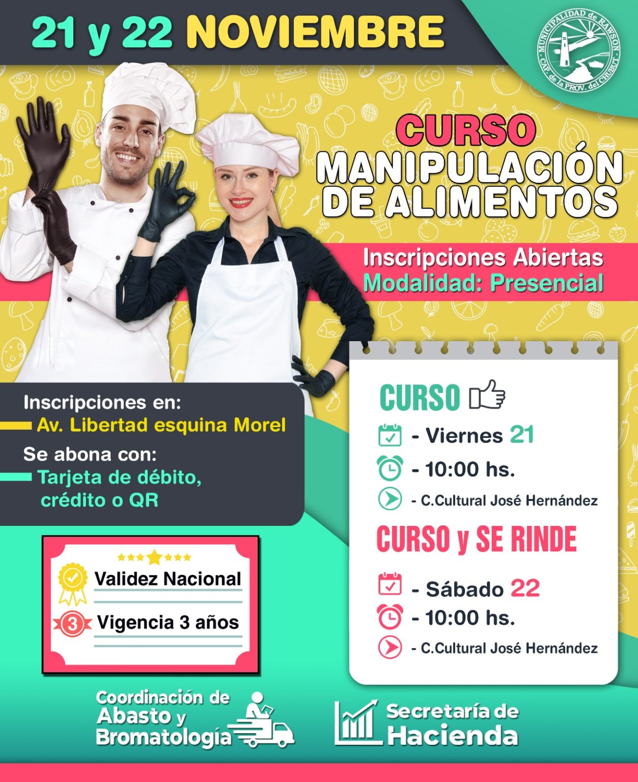 Rawson abre inscripción al curso presencial de manipulación de alimentos los días 21 y 22 de noviembre