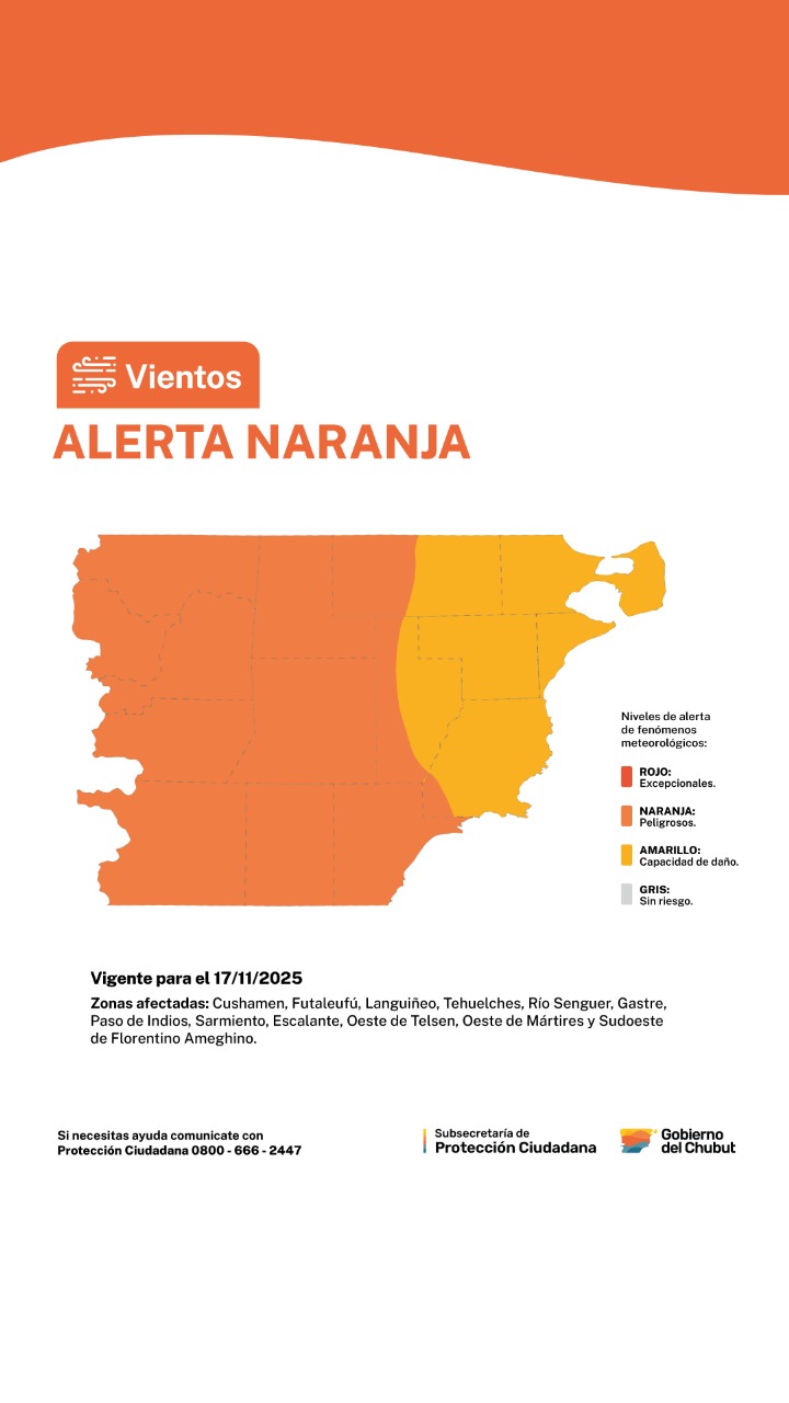Alerta naranja por vientos: zonas afectadas y actualización oficial en Chubut