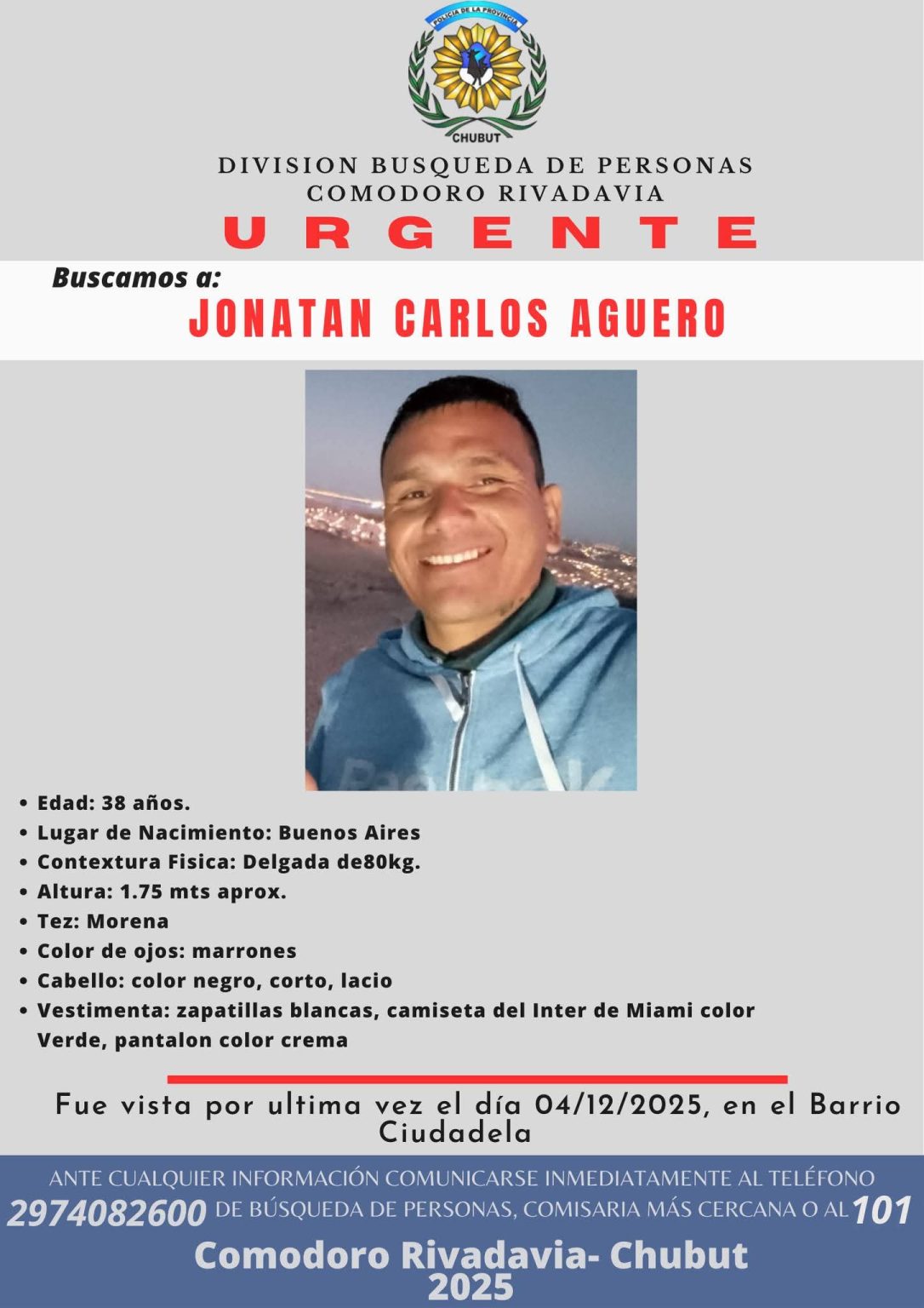 Chubut: Sigue la búsqueda de Jonatan Agüero: desapareció hace 4 días en barrio Ciudadela