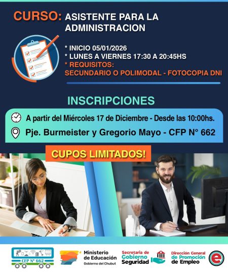 El Municipio de Rawson mantiene abierta la inscripción al curso gratuito de Asistente Administrativo que inicia el 5 de enero