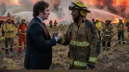 Incendios en Chubut: Javier Milei compartió una foto con brigadistas, pero hecha con IA