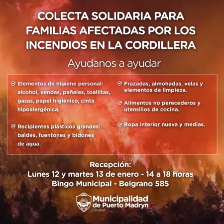 Puerto Madryn lanza colecta solidaria para afectados por incendios en la cordillera