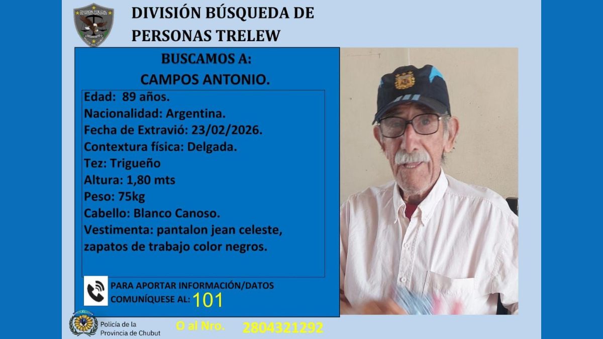 Alerta en Trelew: buscan desesperadamente a un abuelo de 89 años