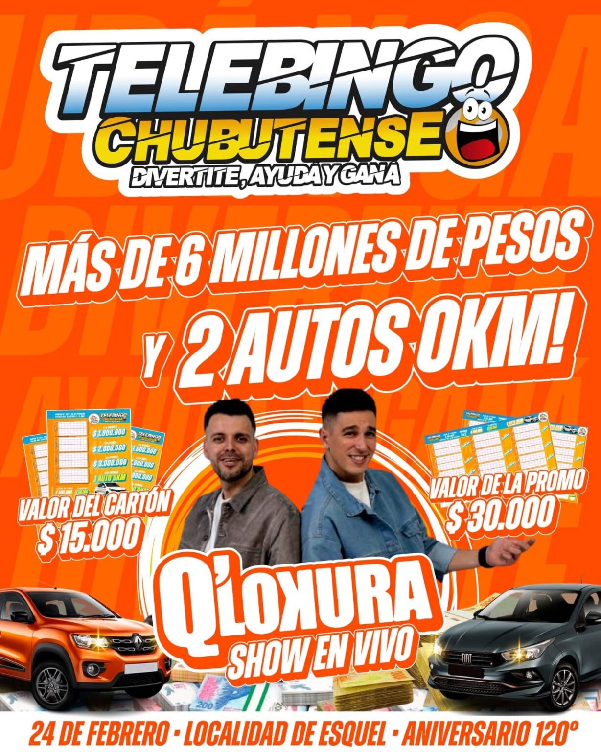 Esquel festeja sus 120 años con el Telebingo Chubutense: sorteo de 6 millones de pesos, dos autos 0km y el show de Q’Lokura en el Estadio Municipal