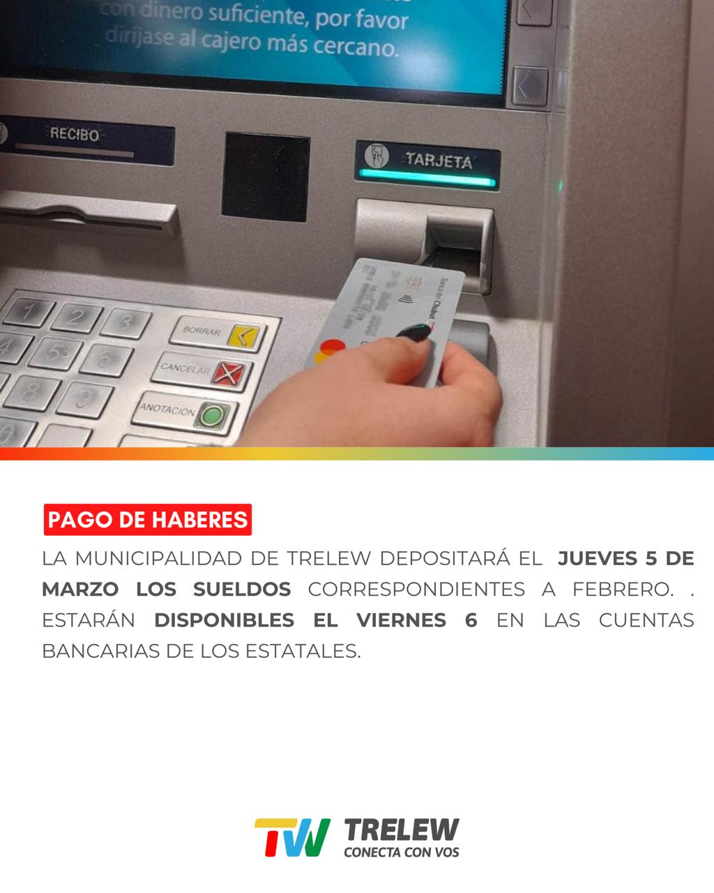 El Municipio de Trelew depositará este jueves los haberes de febrero
