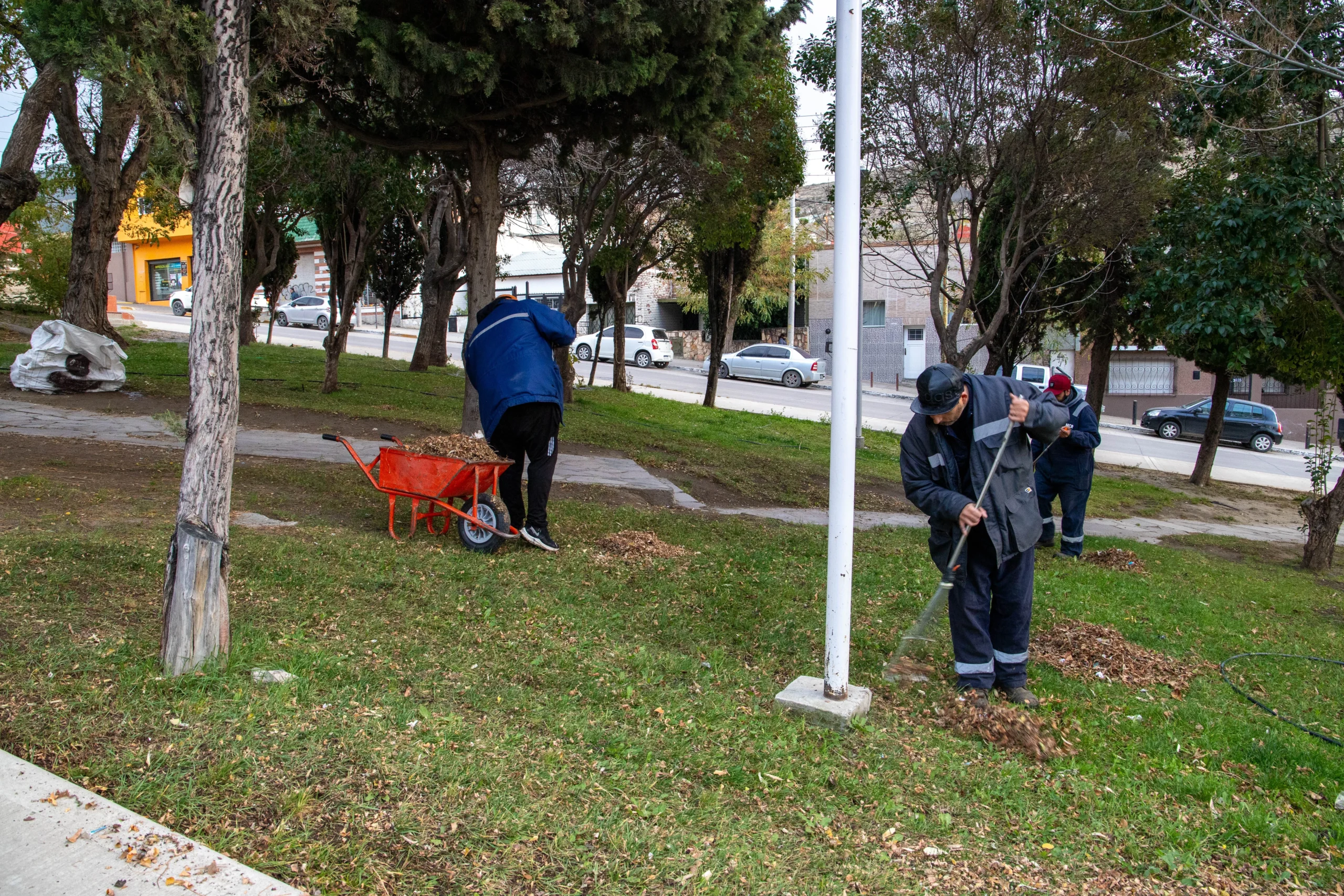 Operarios municipales realizan tareas de limpieza y desmalezado en el boulevard de Avenida Rivadavia, Cholila.