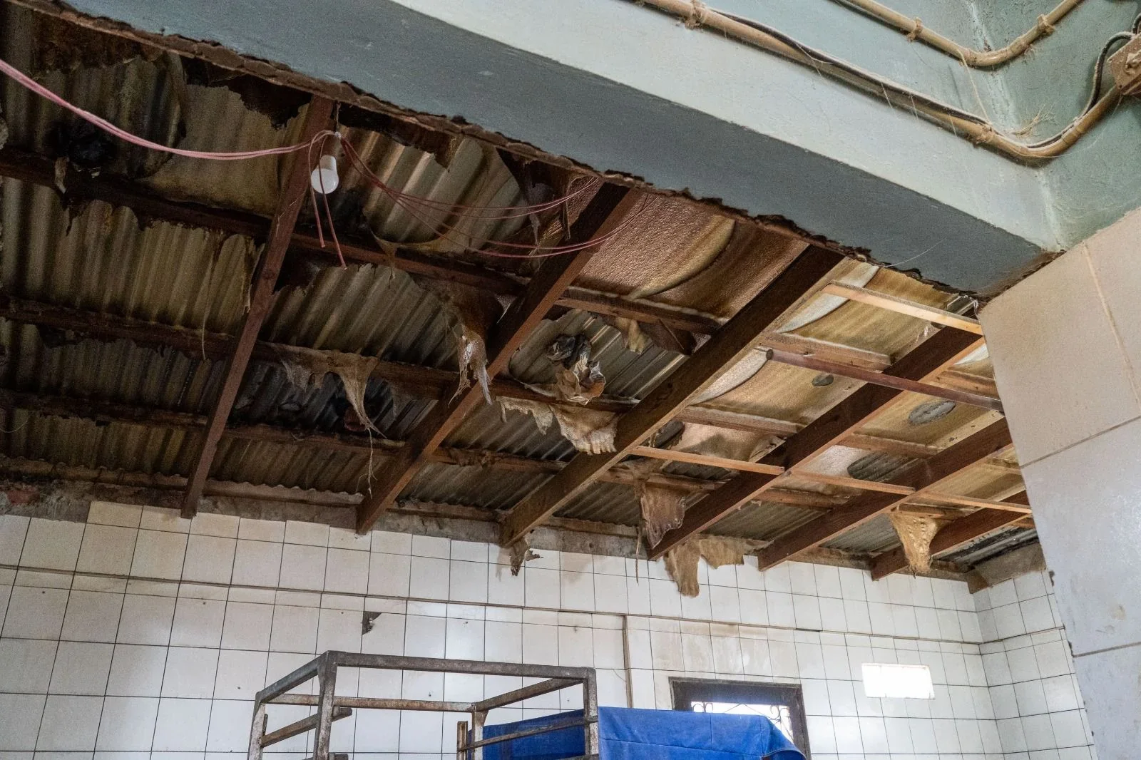 Interior de una panadería clausurada en Km. 8 con techo de chapa deteriorado y paredes de azulejos blancos.