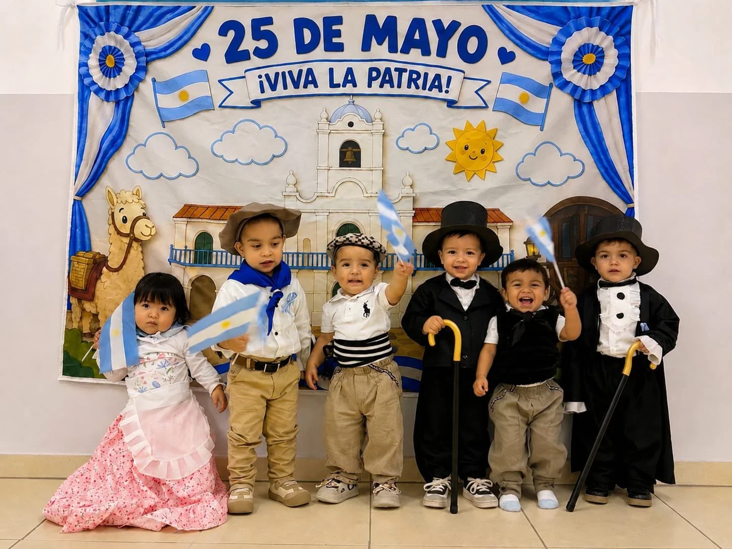 Niños de un Centro de Primera Infancia de Puerto Madryn vestidos con trajes de época frente a un mural del 25 de Mayo.