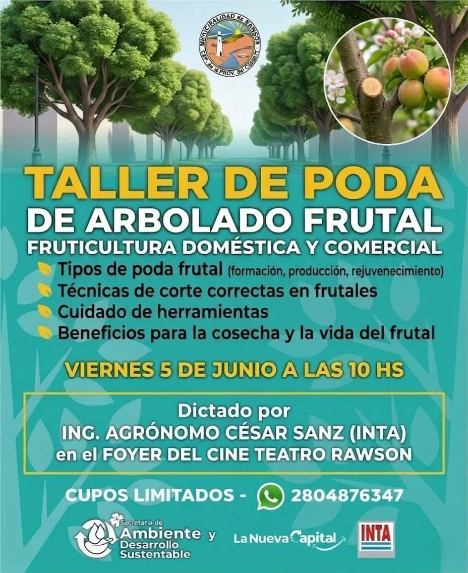 Flyer del Taller de Poda de Arbolado Frutal en Rawson con imágenes de árboles, frutos y datos del evento.