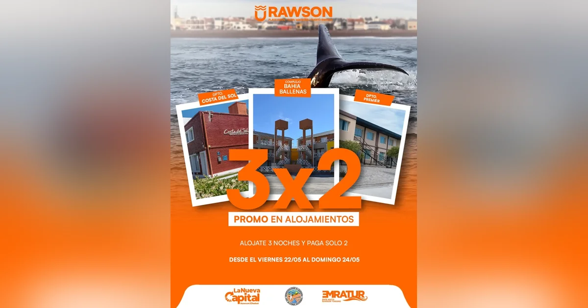 Rawson: Agenda turística, gastronómica y cultural para el fin de semana largo Flyer promocional de Rawson con imágenes de los alojamientos Costa del Sol, Bahía Ballenas y Premier con oferta 3x2.