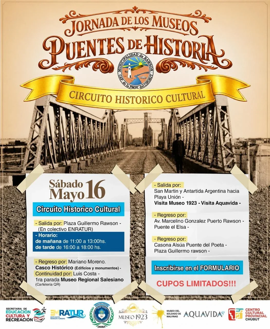 Flyer del evento 'Puentes de Historia' en Rawson, con una foto antigua de un puente ferroviario y detalles 