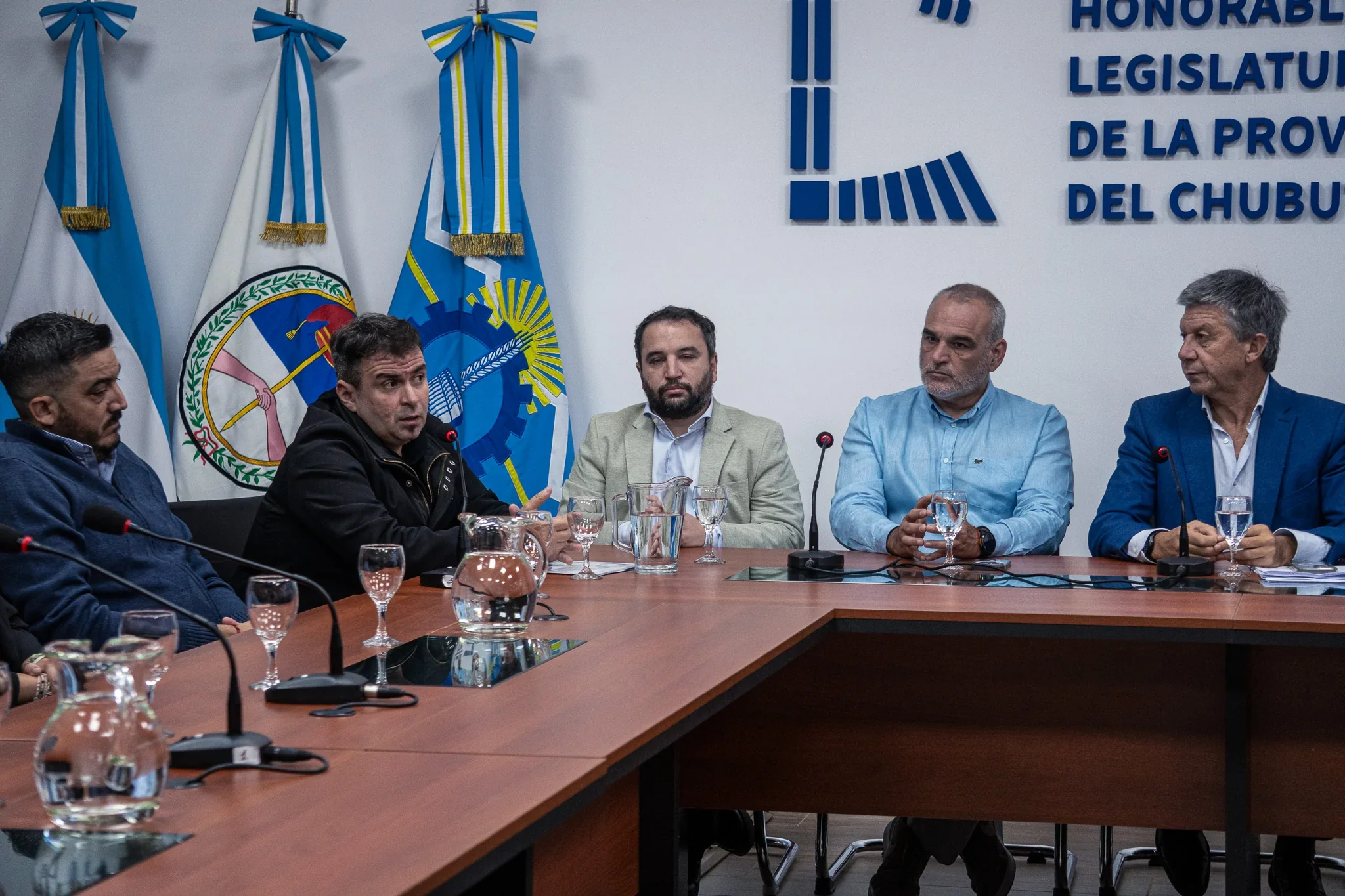 Autoridades y funcionarios en una mesa de prensa en la Legislatura de Chubut sobre generación distribuida.