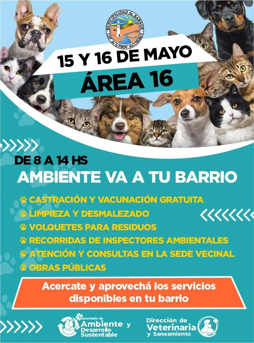 Flyer del programa Ambiente va a tu barrio en el Área 16 de Rawson, con fotos de perros y gatos e información de servicios.