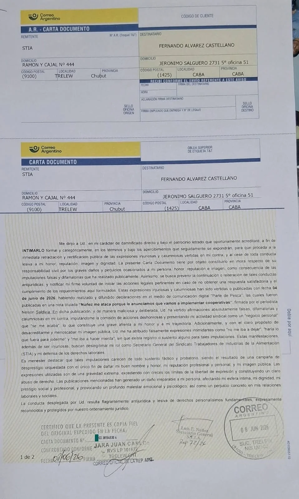 Primera página de la carta documento de STIA a Álvarez Castellano