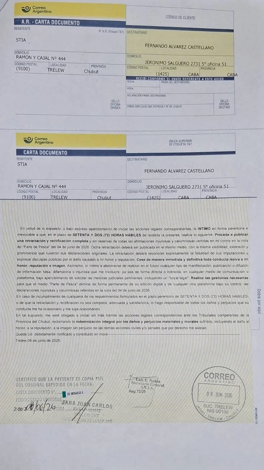 Segunda página de la carta documento de STIA