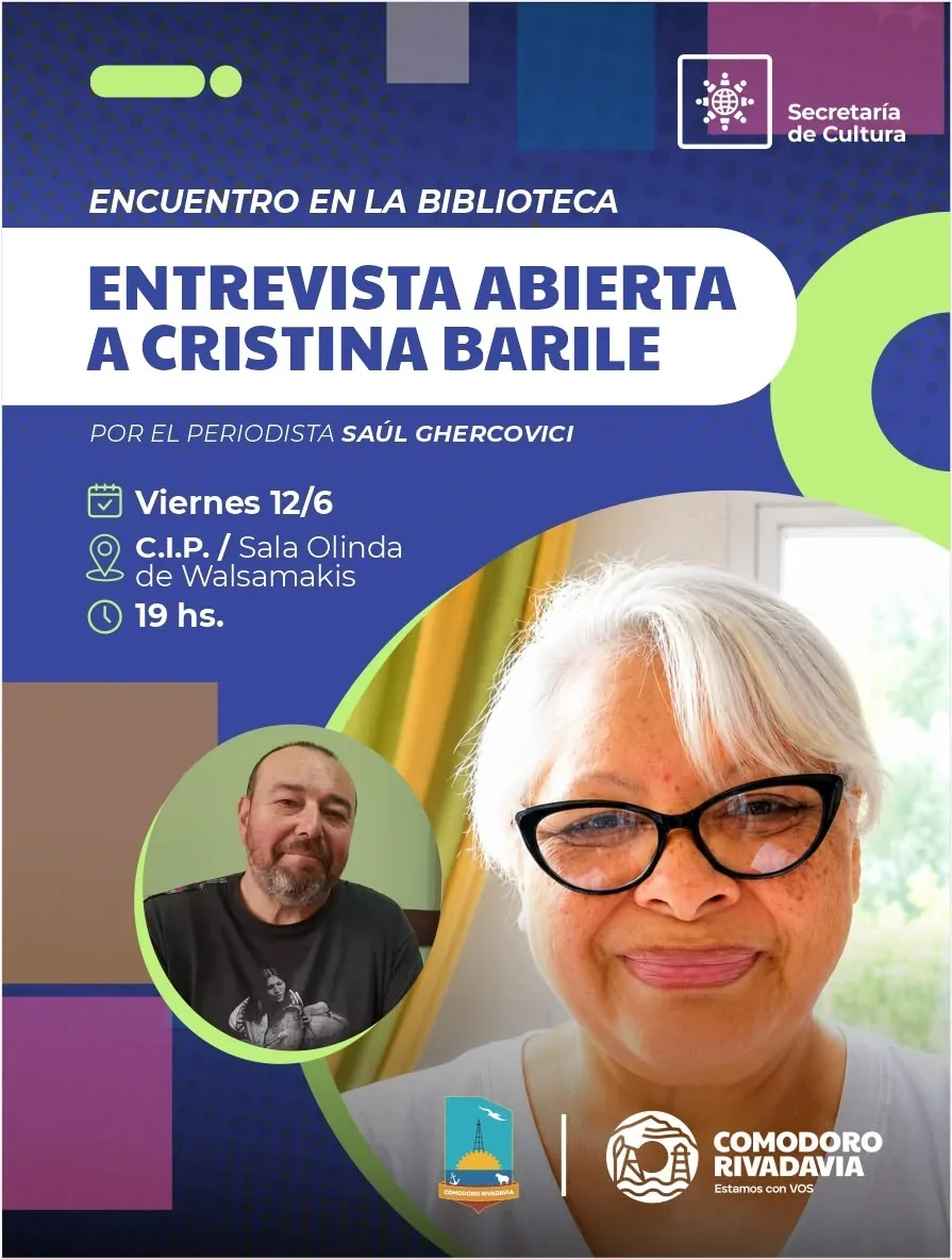 Flyer del programa Encuentro en la Biblioteca con fotos de Cristina Barile y el periodista Saúl Gherscovici.