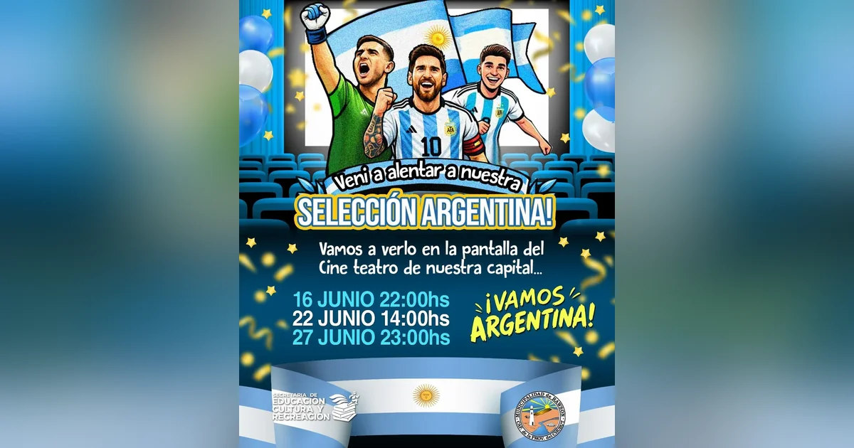 Rawson: El Cine proyectará los partidos de Argentina en el Mundial Flyer publicitario con ilustraciones de jugadores de la Selección Argentina y el cronograma de partidos en el Cine de Rawson.