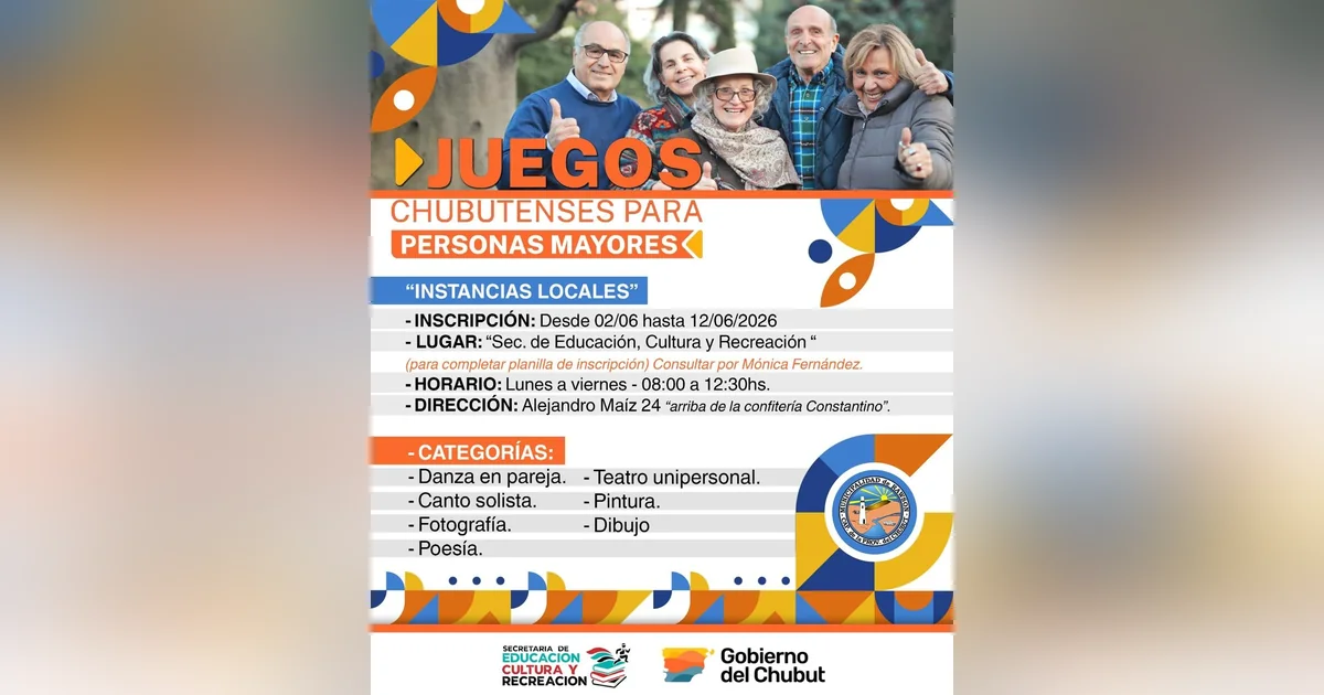 Rawson: inscripciones abiertas para Juegos Culturales Chubutenses para mayores Flyer de los Juegos Chubutenses para Personas Mayores con foto de adultos mayores y detalles de inscripción en Rawson.