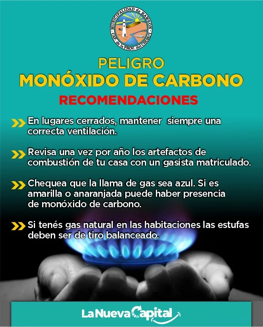 Infografía de la Municipalidad de Rawson con recomendaciones preventivas contra el monóxido de carbono.