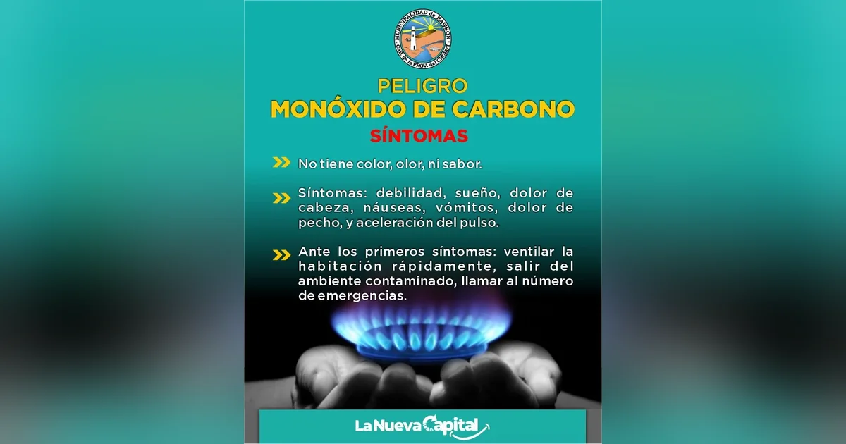 Rawson: Jornada territorial para renovar programas Electrointensivos y Plan Calor Flyer de la Municipalidad de Rawson sobre prevención de monóxido de carbono con síntomas y consejos de seguridad.
