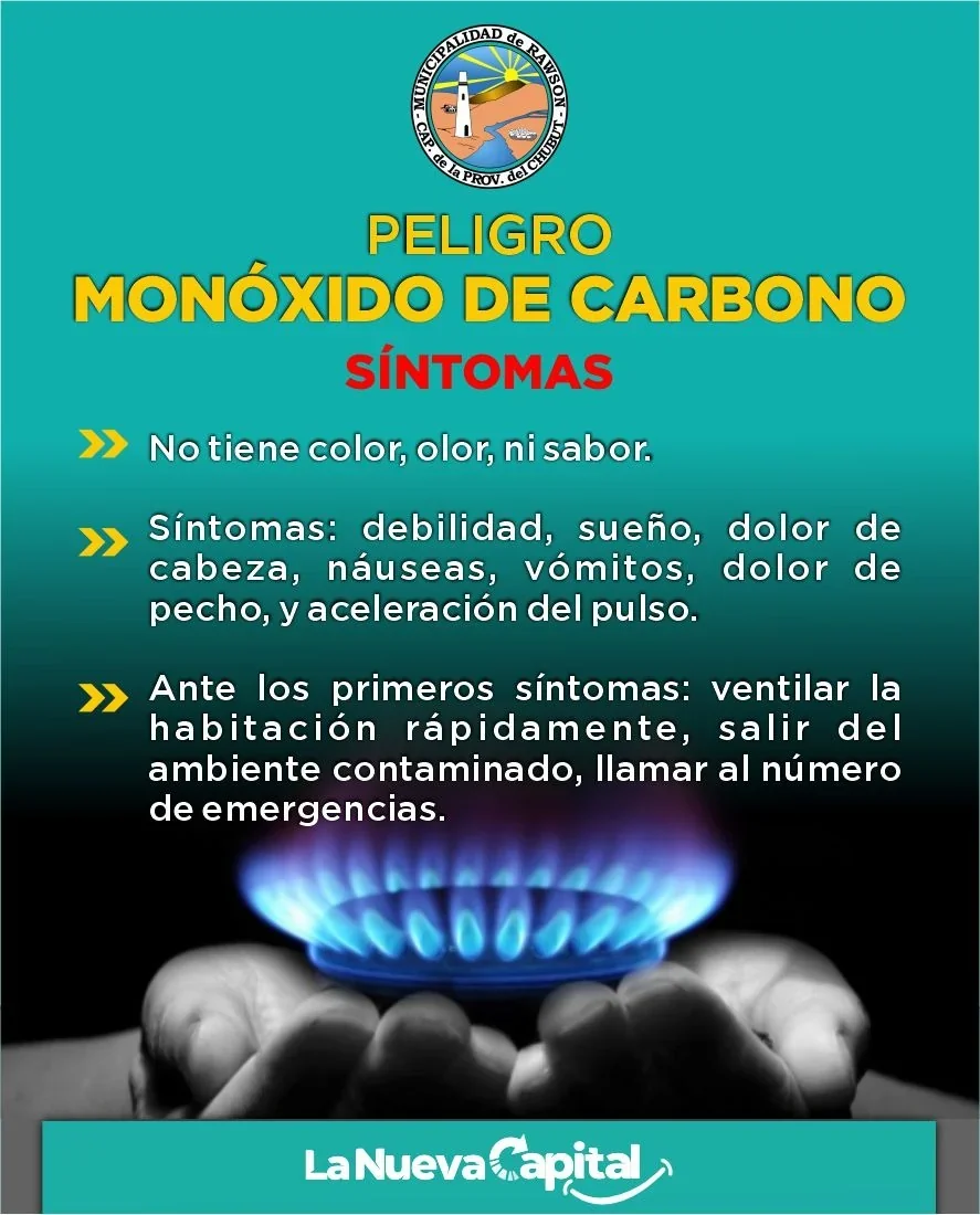 Infografía de la Municipalidad de Rawson sobre síntomas y prevención de intoxicación por monóxido de carbono.