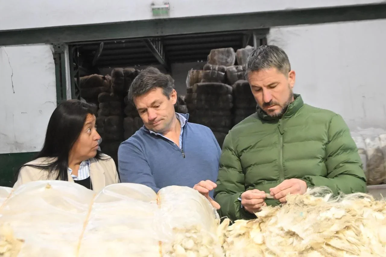 El intendente Gerardo Merino y funcionarios municipales recorren la planta de lana Fuhrmann en Trelew.
