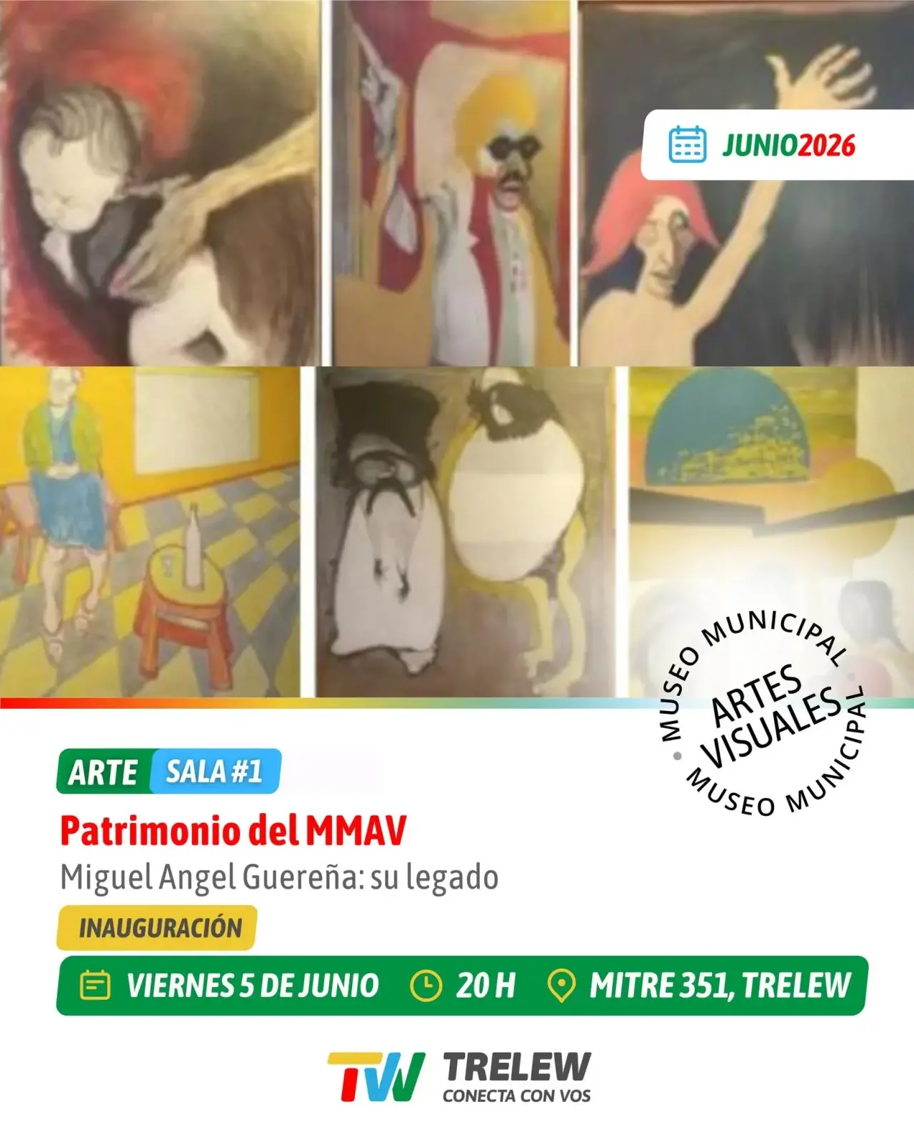 Collage de pinturas al óleo de Miguel Ángel Guereña para la muestra en la Sala 1 del Museo de Artes Visuales de Trelew.