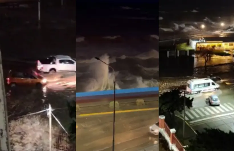 Alerta en la costa: la marejada superó las defensas, inundó las calles del centro de Comodoro y un auto quedó varado