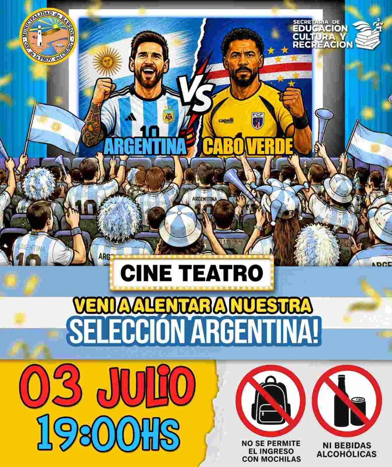 Rawson transmitirá gratis en pantalla gigante el partido de Argentina vs. Cabo Verde