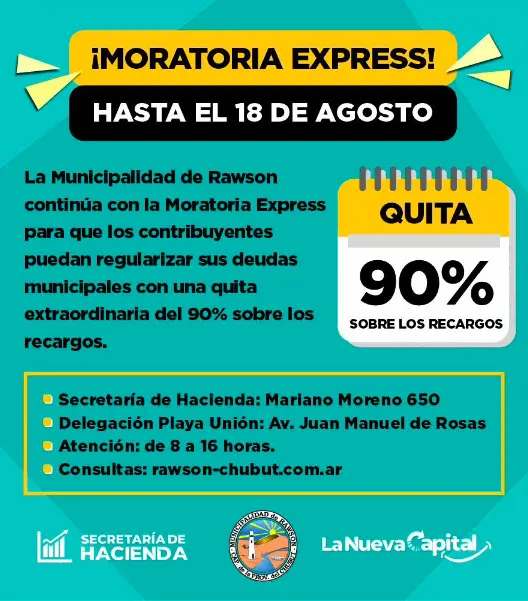 Rawson mantiene hasta el 18 de agosto la moratoria express para regularizar deudas con quita extraordinaria