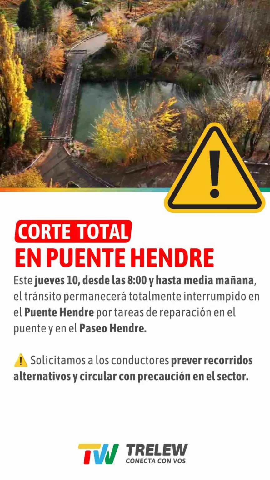 Trelew: Este jueves habrá un corte temporal en el puente Hendre por trabajos de mantenimiento