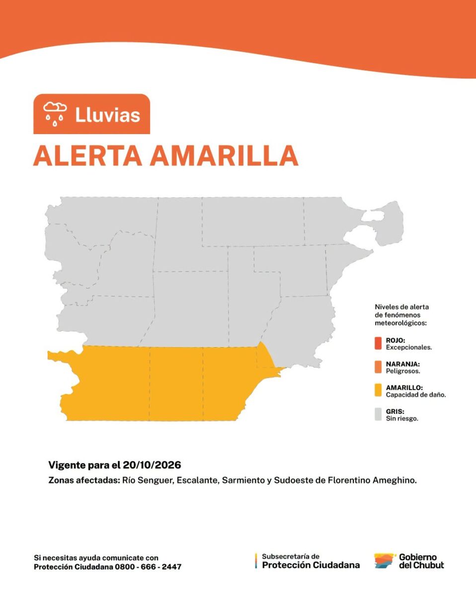Alerta amarilla por lluvias y tormentas en Chubut