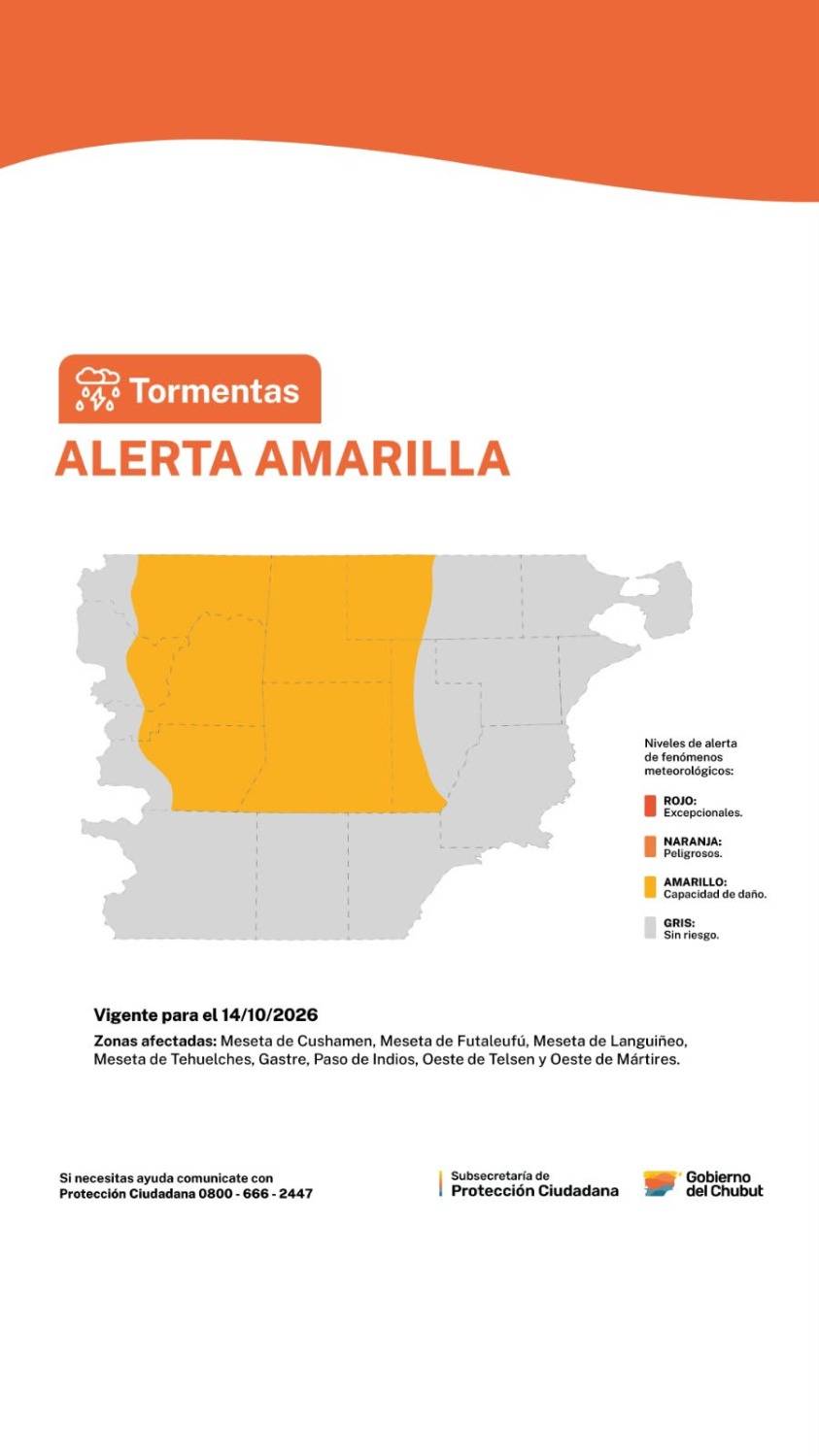 Alerta amarilla por tormentas fuertes en Chubut