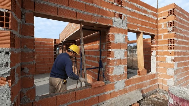 A pesar de la caída general del 2%, la construcción y la carga muestran signos de reactivación laboral Obrero de la construcción con casco de seguridad colocando ladrillos