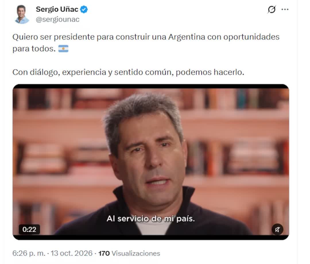 Captura de pantalla de una publicación en la plataforma X (Twitter) realizada por Sergio Uñac (@sergiounac)